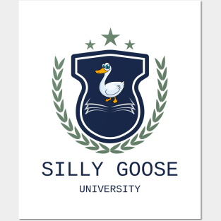 Silly Goose University - Cartoon Goose Blue Emblem With Green Details Posters and Art